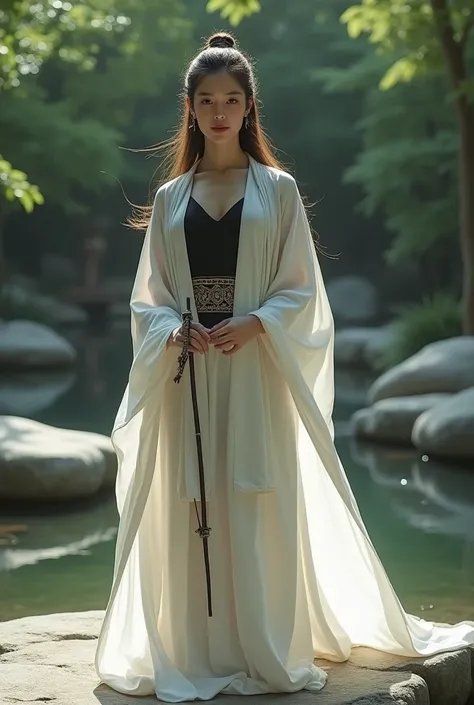 (photorealism:1.2), beautiful woman, sanzo priestess, wearing white japanese robe over a black bodysuit, Buddhist scripture over shoulders, long hair, soft lighting, realistic, intricate details. Zen garden background. 