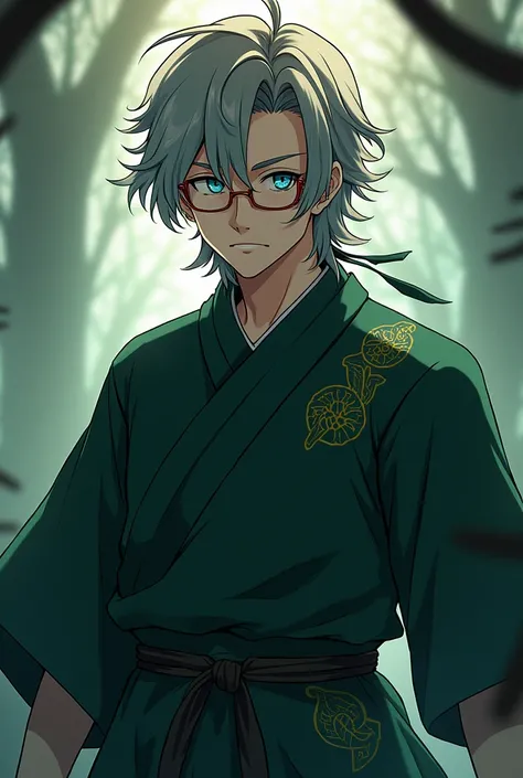  An anime character, man,  with medium light dark hair ,  Dark green Jujutsu clothing, Wear glasses and blue eyes 
