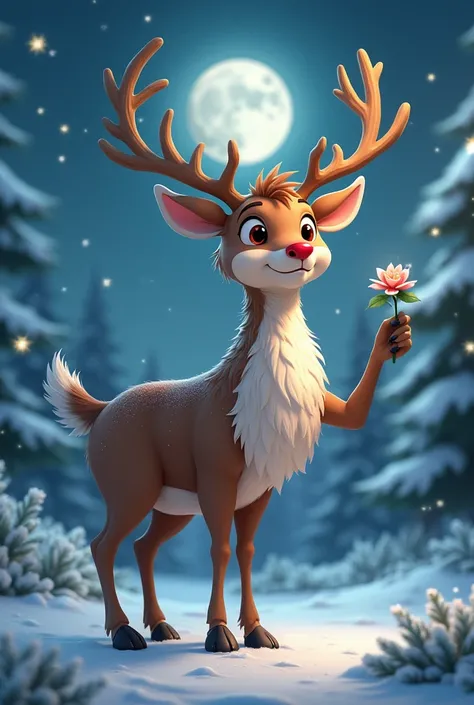 Create a Christmas reindeer standing giving a flower 