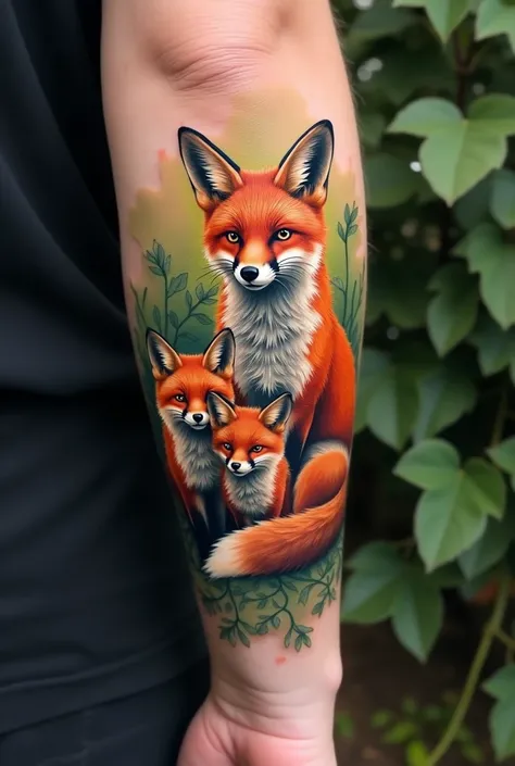 A tattoo of a fox family on the arm 