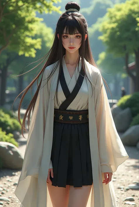 (photorealism:1.2), beautiful woman, sanzo priestess, wearing white japanese half robe over a short black dress, Buddhist scripture over shoulders, long hair, soft lighting, realistic, intricate details. Zen garden background. 