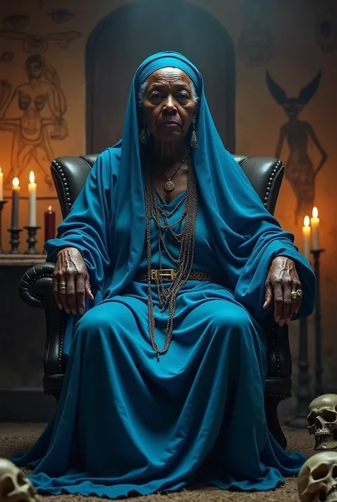 A voodoo priestess, she is an ugly black african woman, she wears a blue piece of fabric on the head, she wears a wide silk blue dress, she is sitting on a chair in a room, in the room, there is candles, voodoo drawings and skulls, realistic shot 