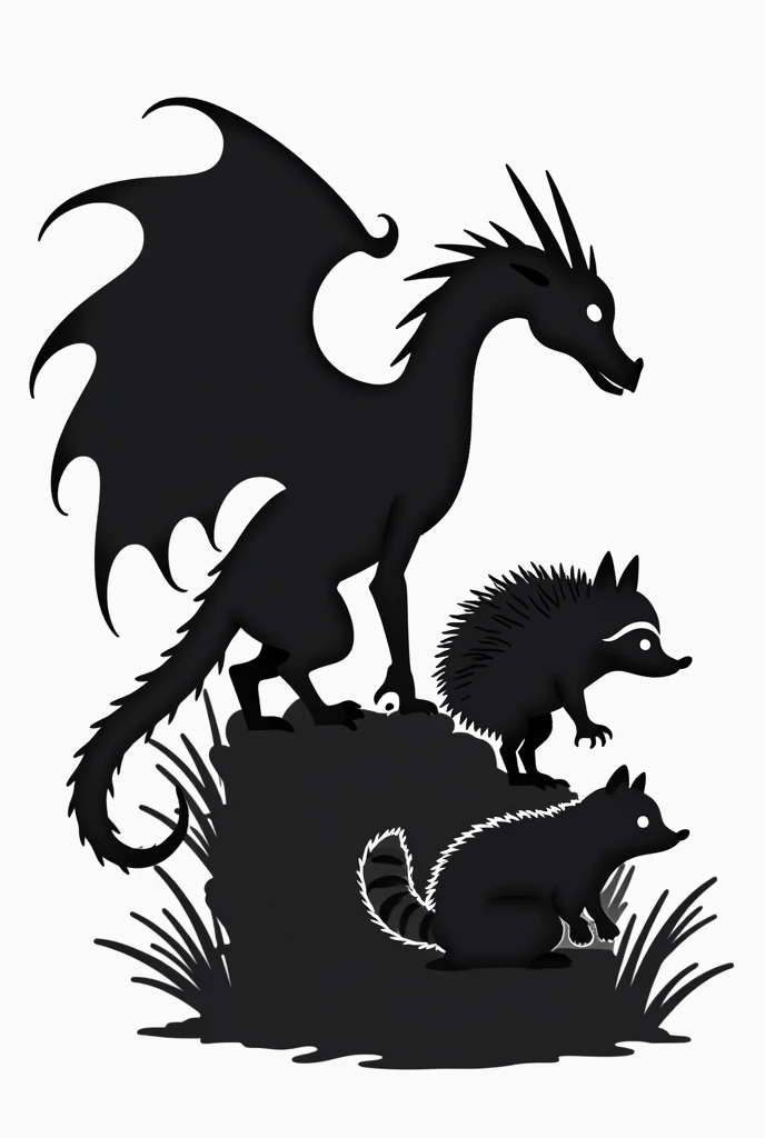 Can you draw me silhouettes of a dragon, a hedgehog and a raccoon 