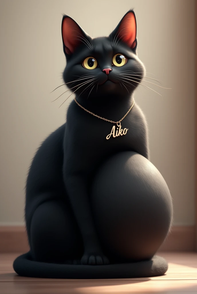 Pregnant black colored female cat wears a necklace inscribed with aiko