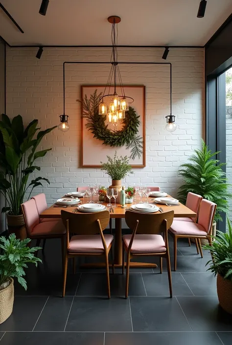 Use black matte tiles on the floor, white subway tiles for the walls, and introduce touches of emerald through plants or blush 
Christmas dining 