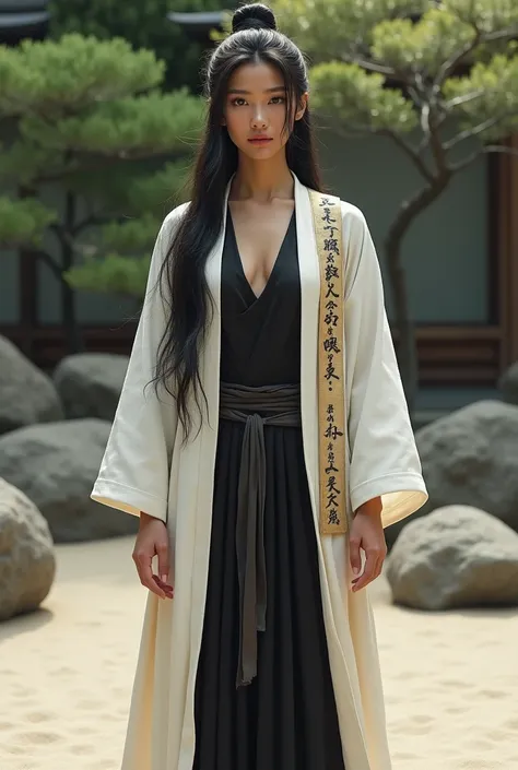 (photorealism:1.2), beautiful woman, sanzo, warrior monk, wearing white japanese half robe over a tight black bodysuit, wearing Buddhist scripture over shoulders, long hair, soft lighting, realistic, intricate details. Zen garden background. 