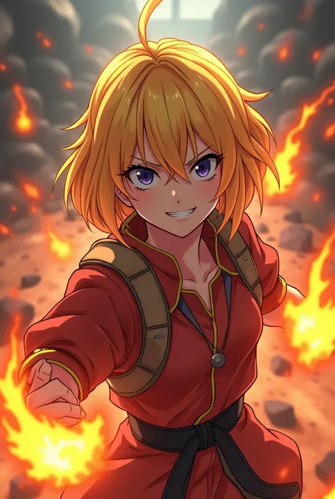 Girl , on fire, angry, smirk , anime, fighter, blond hair