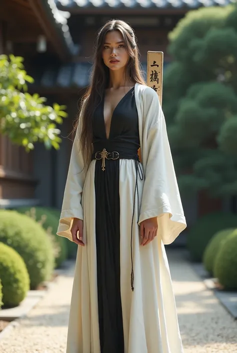 (photorealism:1.2), beautiful woman, sanzo, warrior monk, wearing white japanese half robe over a black bodysuit, wearing Buddhist scripture over shoulders, long hair, soft lighting, realistic, intricate details. Zen garden background. 