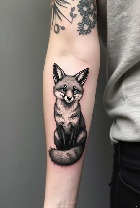 A black and white tattoo of a sweet fox on the arm 