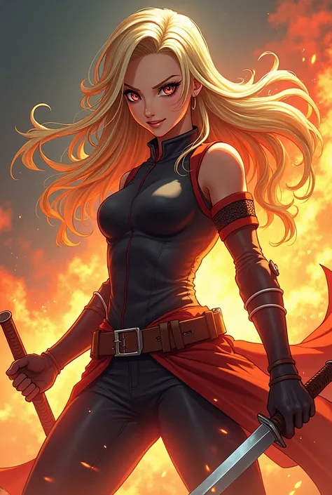 Girl , on fire, angry, smirk , anime, fighter, blond hair,long hair,knife