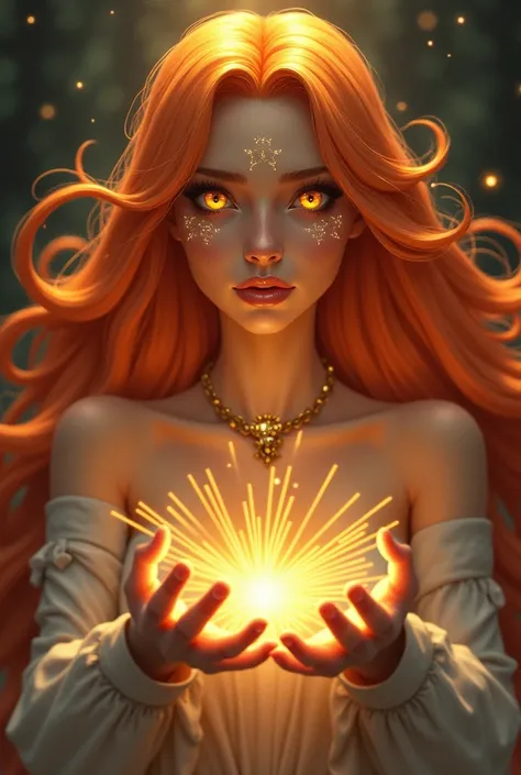 (( best quality )), ((  masterpiece )), (detailed),  woman with large and smooth orange hair ,  golden eyes, rays through the hands  (Inspired by Artgerm:1.2), ( winner of the pixiv :1.1), (octopus goddess:1.3), (Berserk art style:1.2), retrato em close, g...