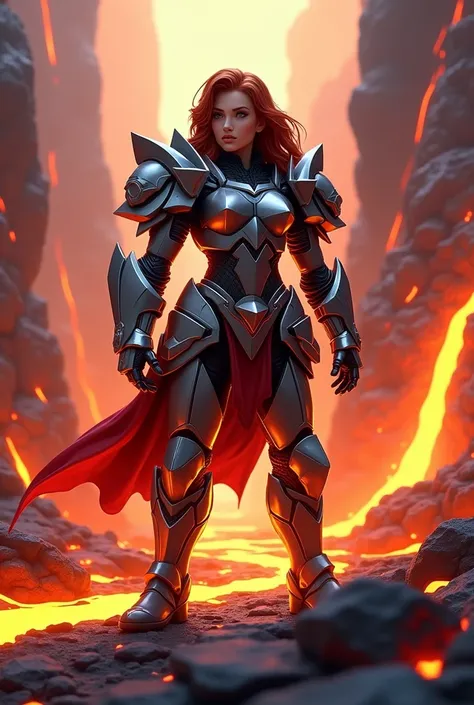 make a female warrior, full armor, surrounded by lava in roblox style