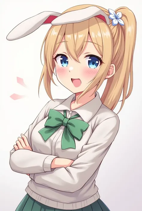  a girl, Alone, Open mouth, blush, breasts,  looking at the spectator ,  High resolution,  looking at the spectator ,  blue eyes ,  blond hair ,  Hair flower,  masterpiece,  Ponytail on one side, breasts,  big breasts,  rabbit ears , 