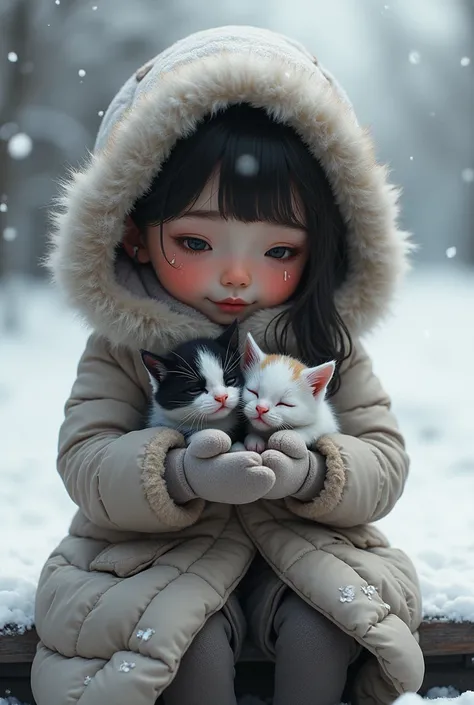 A , about , bundled up in an oversized winter coat with a fluffy hood, sits on a snowy bench. Her round cheeks are rosy from the cold and streaked with tears as she looks at her mittened hands, where two tiny 3 cm black-and-white kittens snuggle together, ...