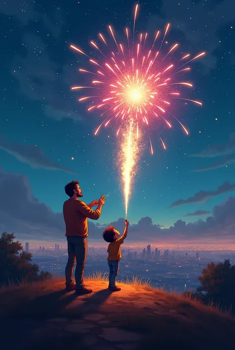 A dad and his son throwing fireworks into the sky on a hill, In the background you can see the city ,  that you cant see the fireworks exploding only the action . That the image has an animated style and eliminates fireworks in the background and that it i...