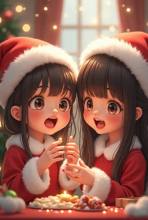 (( top quality)), ((  Masterpiece  )), (  Details),  2 girls, 、 Christmas、 2 girls、 up angle、 seems to be having fun、 laughing、 Christmasパーティ、 delicate depiction 、fun、Girl on the right side with saggy eyes 、 long straight hair 、 white fluffy fur Santa clot...