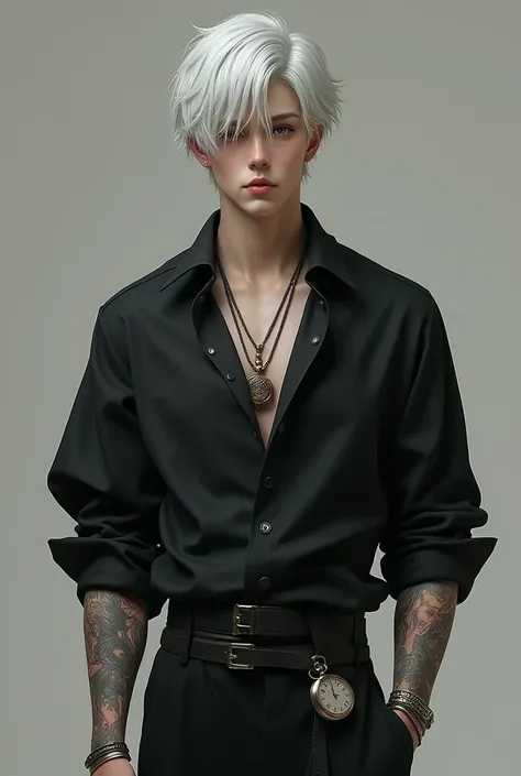 Make a 23-year-old man ,  with white hair and red eyes ,  who has two meters tall , and pale skin ,  tattoos on his arms and fingers , wearing a black ,  shirt that looks like its from the 18th century and that hangs a pocket watch,  look realistic and att...