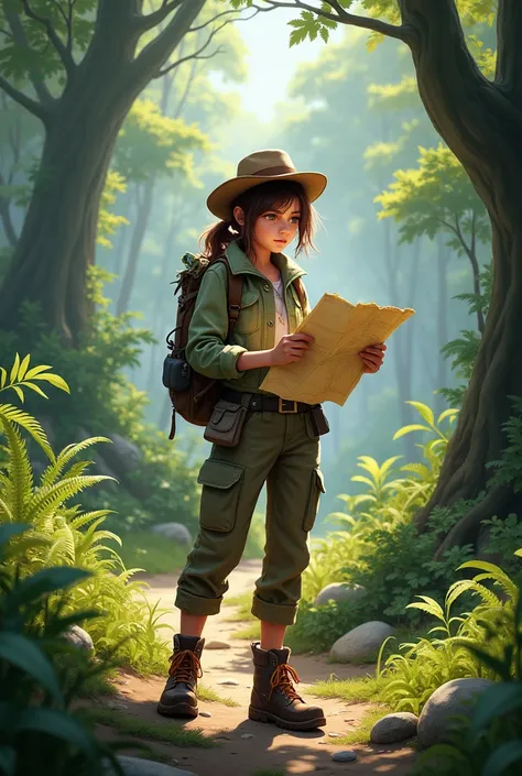 Girl explorer using compass and map