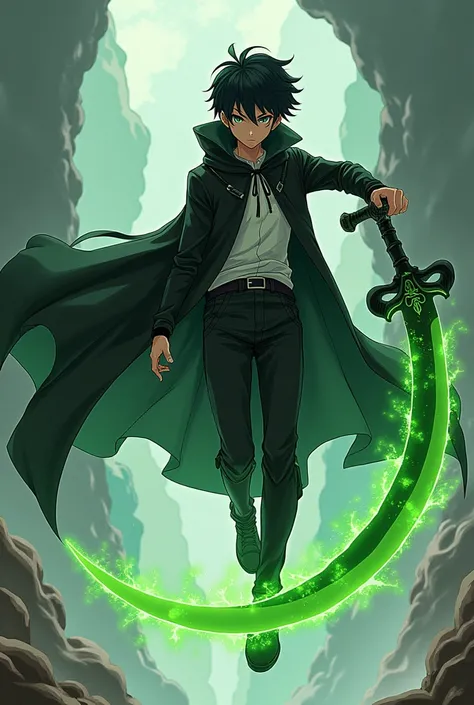 Creat an anime character of a teen boy standing while riding his green scythe wearing black and white cloaths