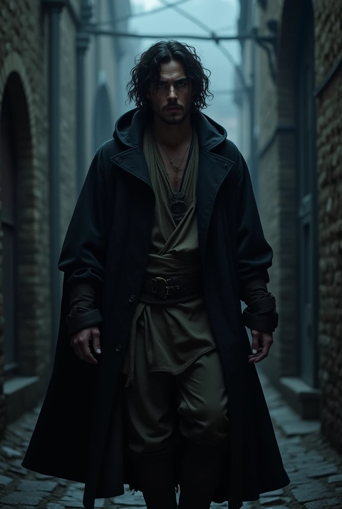 A hobbit man in a dark alley ,   wearing distressed medieval clothing and an evening black hooded coat.   His eyes are blue and wavy black hair  ,   The expression on his face is serious  .