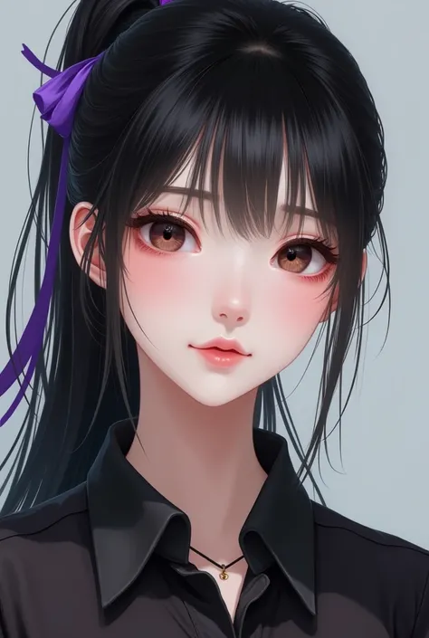 a beautiful Chinese girl, she has a long black hair tied in ponytail with a purple ribbon, she has two seperated bangs on her forehead,She is wearing a black collared shirt, super detail, Ultra realistic, douyin 