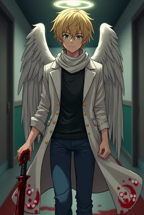 A male teenager, he has brown skin, green eyes, blond hair, he has an angels halo on his head, he has angel wings, hes wearing a black sweater with a cowboy scarf tied around his neck, he also wears a white coat with golden buttons, white cartoon moons, bl...