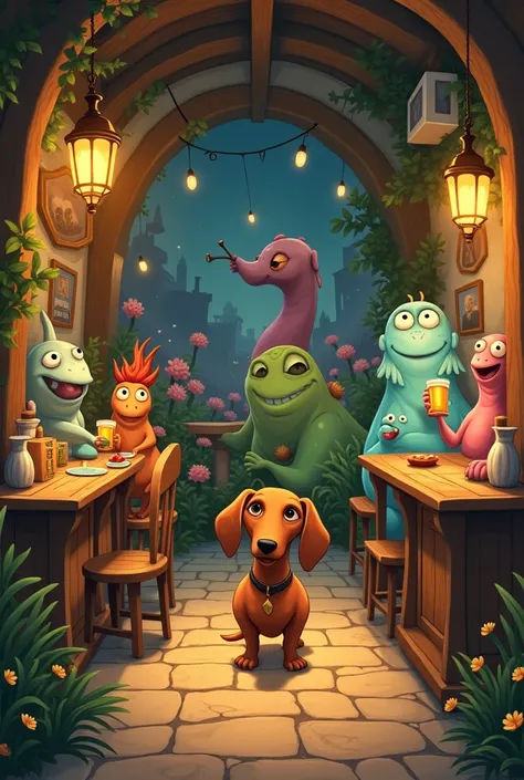 A dachshund that attends monsters in a tavern (studio ghibli style)