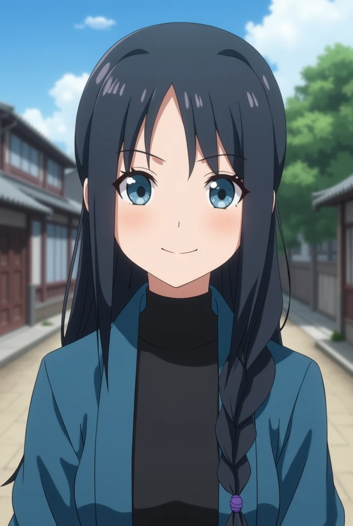 Narutoscreenshot, girl, black hair tied in a long braid, very light skin, large slanted eyes very light blue, without any marks on her face, with a smile, dressed in a black blouse up to the neck and a blue haori, in the background a village