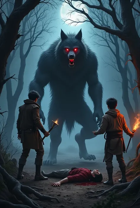 A terrifying scene in a dark forest at night, featuring a large, monstrous werewolf (Alpha) with glowing red eyes and dark fur, standing menacingly on its hind legs. The werewolf appears intelligent and cruel, staring directly at two exhausted and injured ...