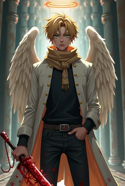 A male teenager he has the I want brown skin green eyes blonde hair he has an angels halo on his head he has angel wings he is wearing a black sweater with a long collar with a cowboy scarf tied around his neck he also wears a white coat with golden button...