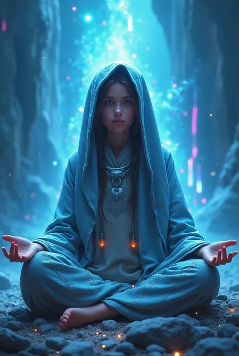 Ancestral Argentina Girl Meditating  ,  wears shiny hooded monk clothes, de fondo shambala fantastic , blue and neon world