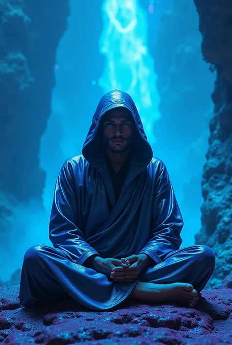 ancestral argentina man meditating ,  wears shiny hooded monk clothes, de fondo shambala fantastic , blue and neon world