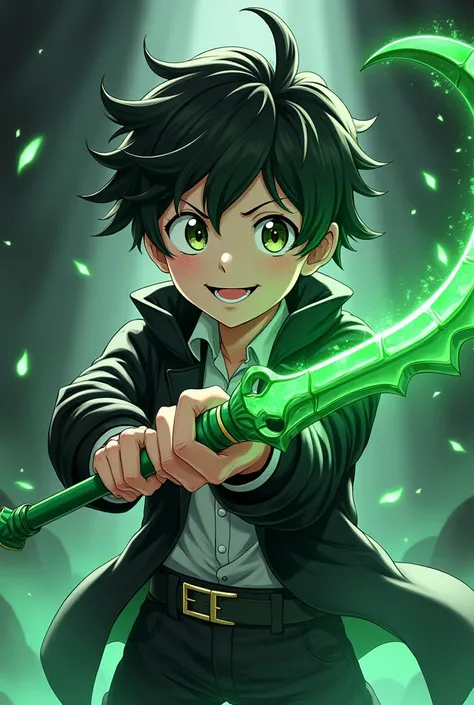 Create an anime character of a smiling teen boy with his green death scythe wearing black and white cloaths