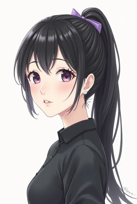 a beautiful Chinese girl, she has a long black hair tied in ponytail with a little purple ribbon, she has two seperated bangs on her forehead,She is wearing a black collared shirt, pencil sketch, anime style 