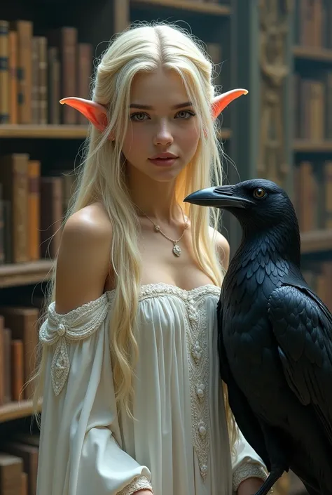 Elf with pointy ears , dark eyed blonde ,  dresses white with a raven on her side in a library setting