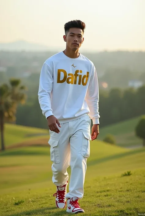  Full from a distance a nice beautiful place and nearby there is a handsome young man Asian age 19 years old with short hair neat cute, Wearing a long sleeve White  t-shirt with the name  "Dafid "  with large font in gold color, wearing white cargo pants a...