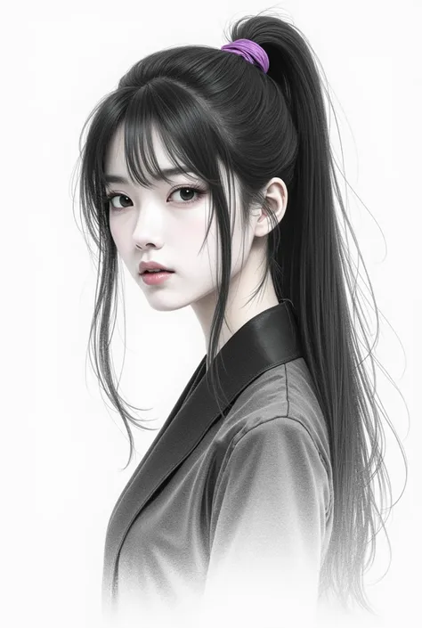 a beautiful Chinese girl, she has a long black hair tied in ponytail with a little purple ribbon, she has two seperated bangs on her forehead,She is wearing a black collared shirt, pencil sketch, black and white 