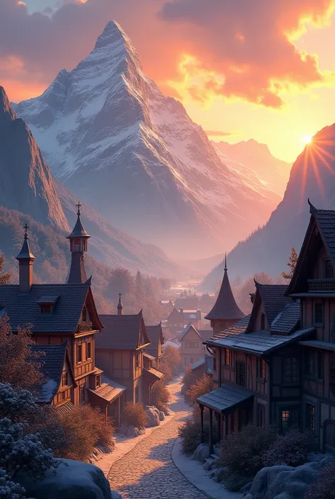 A town in the mountains rising from the sun 