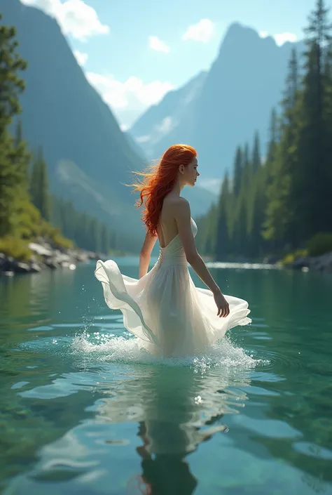 Femme aux cheveux roux vêtu  une robe de couleur blanche nage dans la rivière entre des montagnes très grande et les arbres 