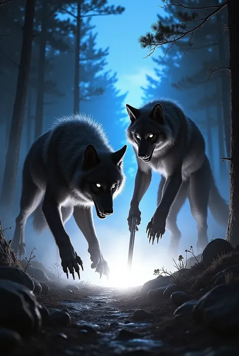 Werewolves, with their powerful and menacing forms, leap over the glowing barrier and clash with the team of investigators. The black and white film captures the ferocity of the battle, with sharp contrasts accentuating the werewolves sinewy muscles and th...