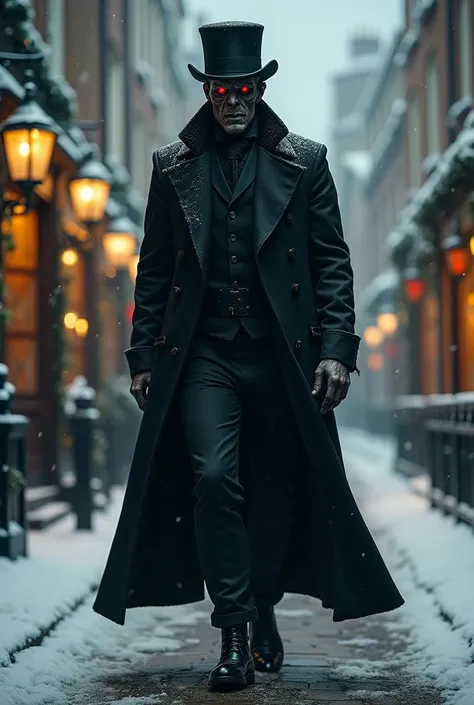 ((night, snow falling)) BREAK (1man) satanic face (red eyes), in black Victorian coat and top hat), walking, BREAK on a snowy Victorian London street, snow falling, antique gas streetlights, Christmas, light flooding out of Victorian shops, masterpiece, dr...