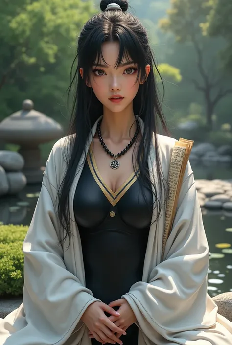 (photorealism:1.2), beautiful woman, saiyuki sanzo, warrior monk, wearing a whote robe over a black bodysuit, wearing Buddhist scripture over shoulders, Buddhist monk bead necklace, long hair, soft lighting, realistic, intricate details. Zen garden backgro...