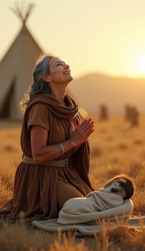 "Sara, an elderly woman with gray hair and smooth skin, is kneeling in an open field with an expression of deep gratitude and wonder. She looks up to the sky, her eyes lifted, and her hands gently raised, as if thanking God for the blessing of her son. Bes...