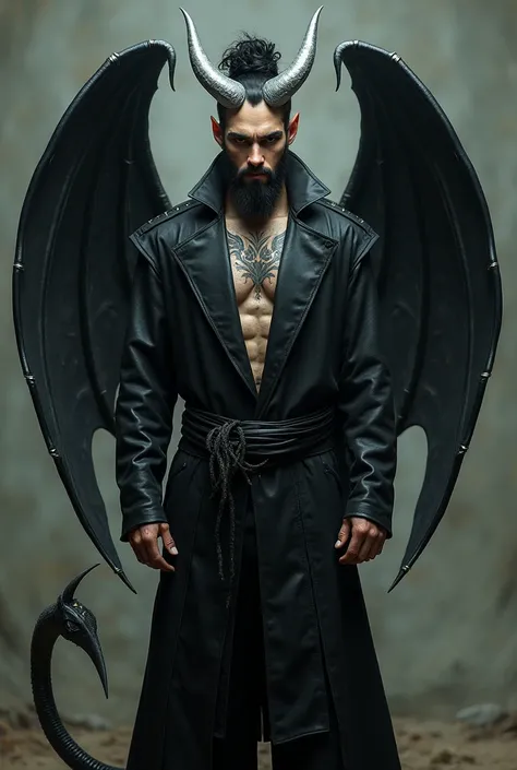 An incubi. A set of nice and beautiful silver horns with faded tips. Smooth sun kissed skin with sexy tattoos. Angular features and full lips. Silver eyes. Sexy, trimmed beard. Massive black leather wings with faded into bright silver. A long black tail wi...