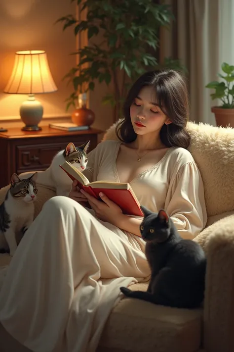 A girl lying on a piece of furniture with a book between her legs, a burning lamp and three cats around her. 