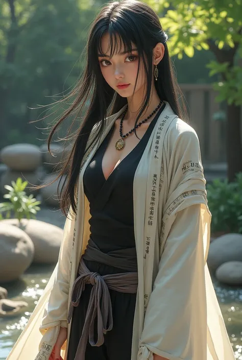 (photorealism:1.2), beautiful woman, saiyuki sanzo, warrior monk, wearing a whote robe over a black bodysuit, wearing Buddhist scripture over shoulders, Buddhist monk bead necklace, long hair, soft lighting, realistic, intricate details. Zen garden backgro...