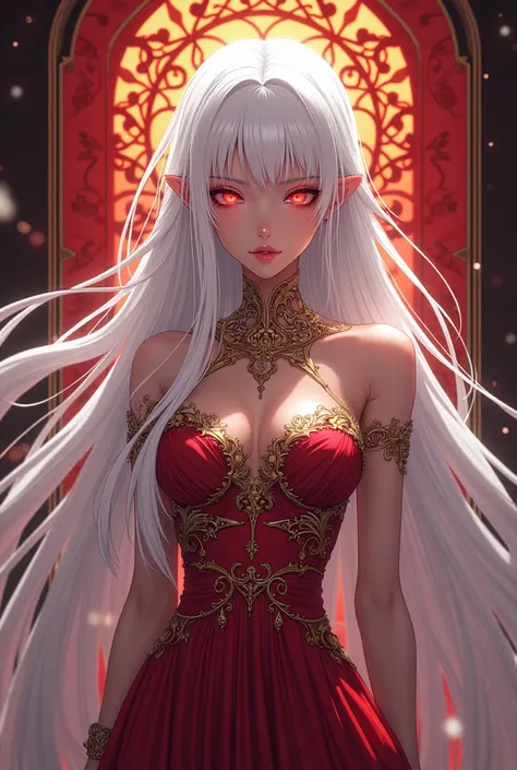 White hair, long hair, dress, tall girl, girl crush, red eyes, 화려한 배경, anime