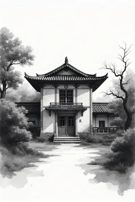 An old Korean school building, Black and white, watercolor