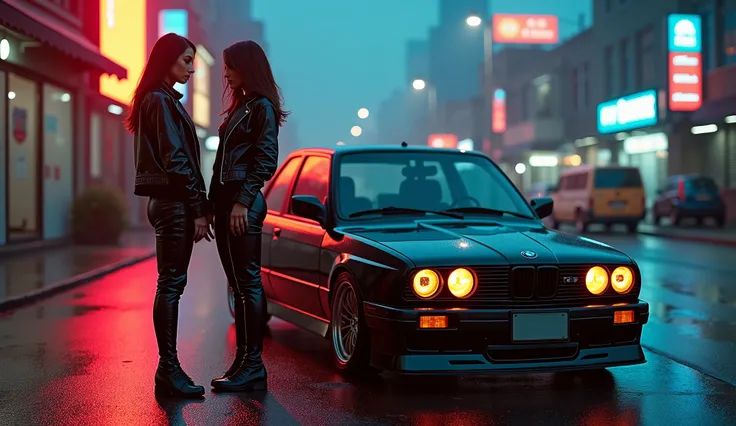 realistic photo , 2 cyberpunk woman standing , wearing shinny pvc jumpsuit , shinny pvc jacket , wearing shinny pvc thigh high boots , shinny pvc long gloves , in cyberpunk street at dusk with bmw m3 e30