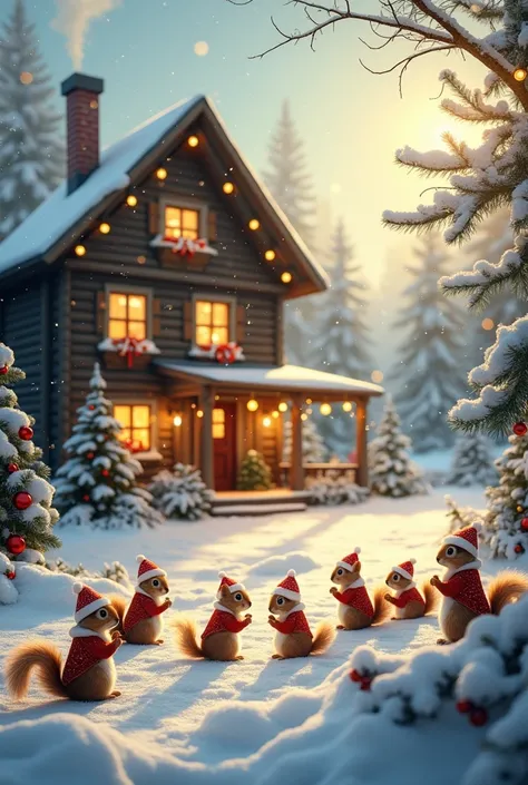  image a magical Christmas scene with ten adorable squirrels dressed in Christmas clothes and Santas hats Noel,  playing on a snow-covered floor .  Snowflakes are gently falling from the sky . In the background,  a large old wooden house with four floors ,...